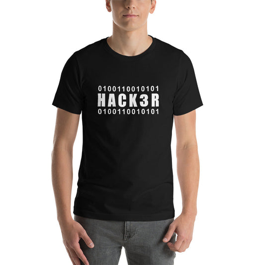 0100110010101 Hack3r Short-Sleeve Unisex T-Shirt (white text) by DarkByteGear