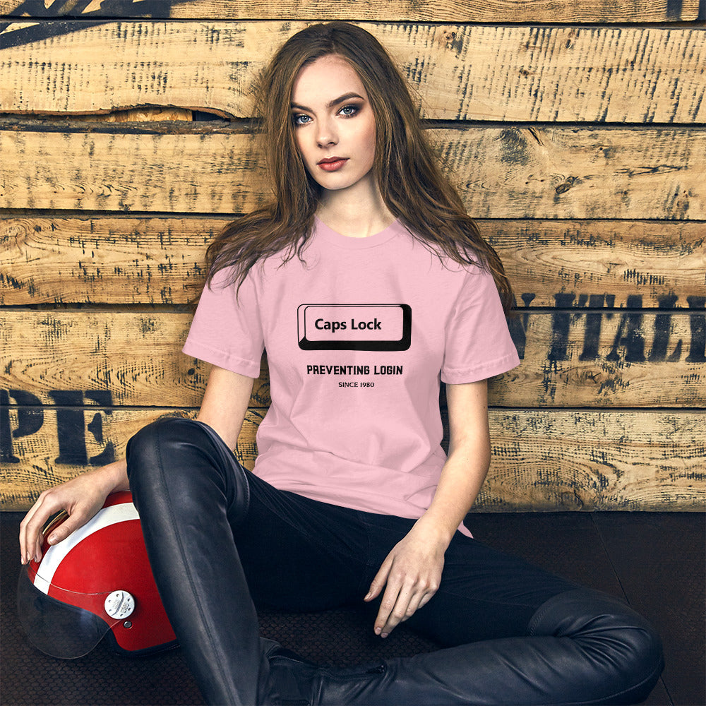 Caps Lock preventing login since 1980 - Short-Sleeve Unisex T-Shirt (black text) by DarkByteGear
