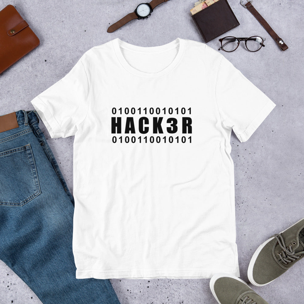 0100110010101 Hack3r - Short-Sleeve Unisex T-Shirt (black text) by DarkByteGear