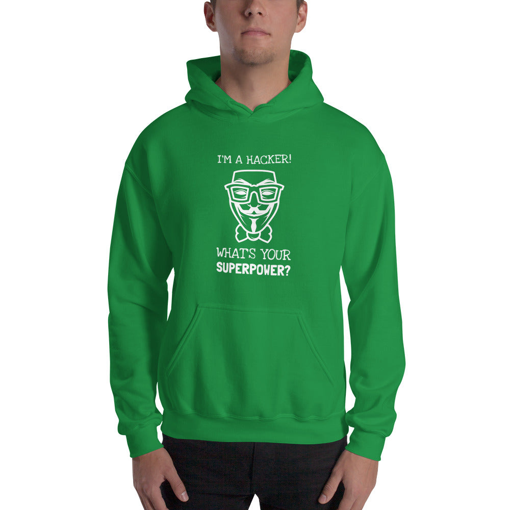 I'm a hacker! What's your superpower? - Hooded Sweatshirt (white text) by DarkByteGear