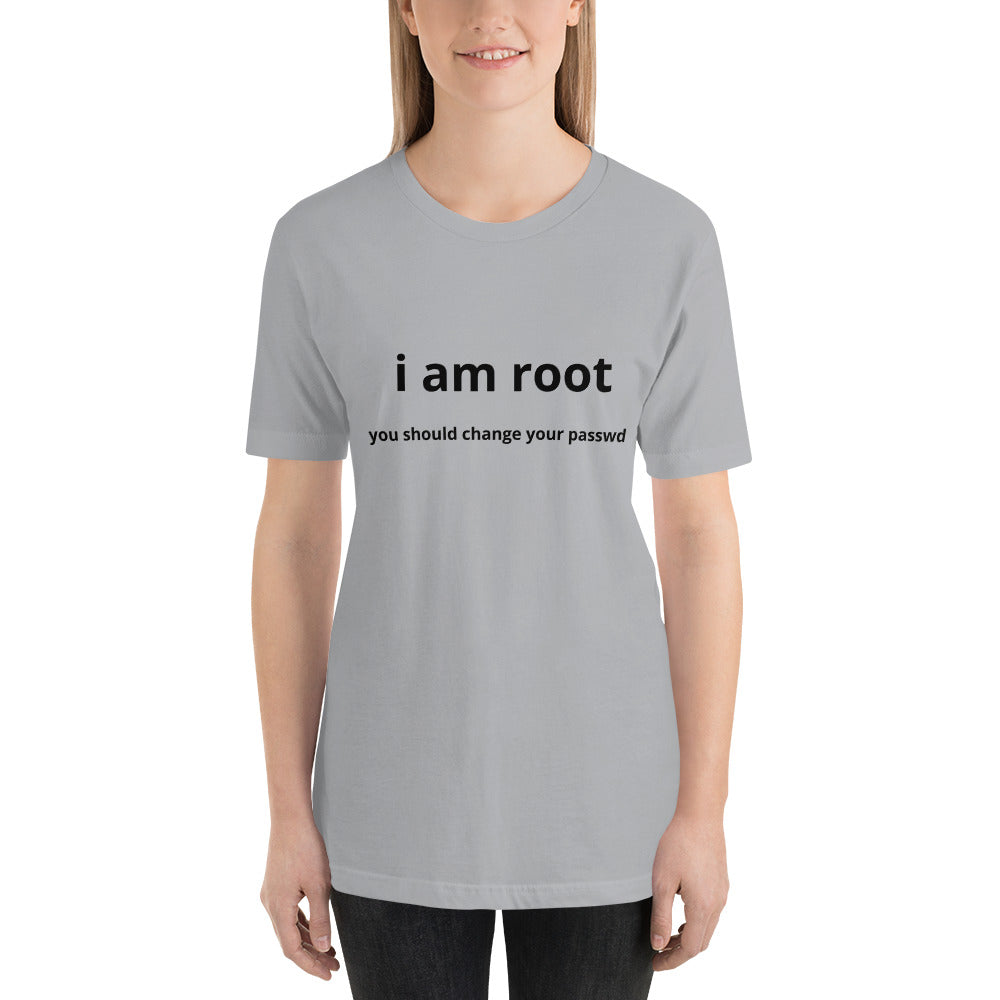 i am root - Short-Sleeve Unisex T-Shirt (black text) by DarkByteGear