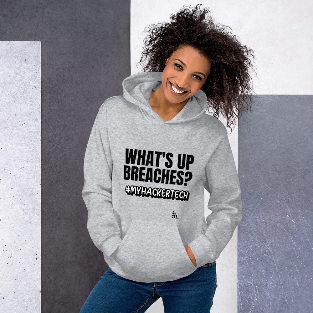 What's up breaches? - Unisex Hoodie (black text) by DarkByteGear
