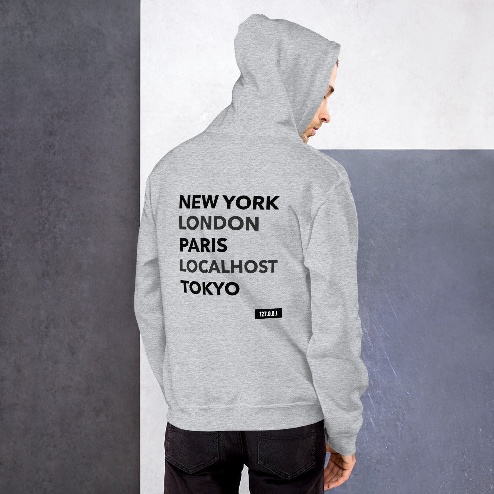 New York London Paris Localhost Tokyo 127.0.0.1 - Unisex Hoodie (black text) by DarkByteGear
