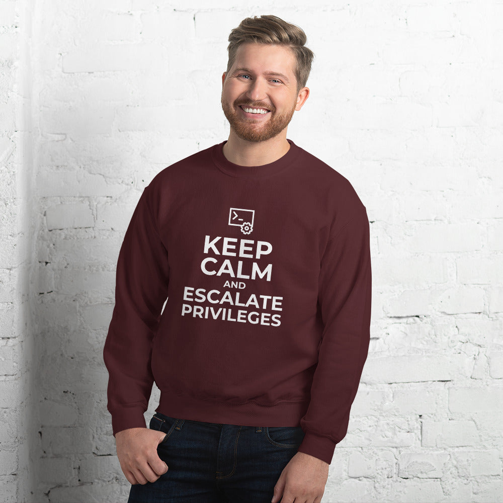 Keep calm and escalate privileges - Unisex Sweatshirt (white text) by DarkByteGear