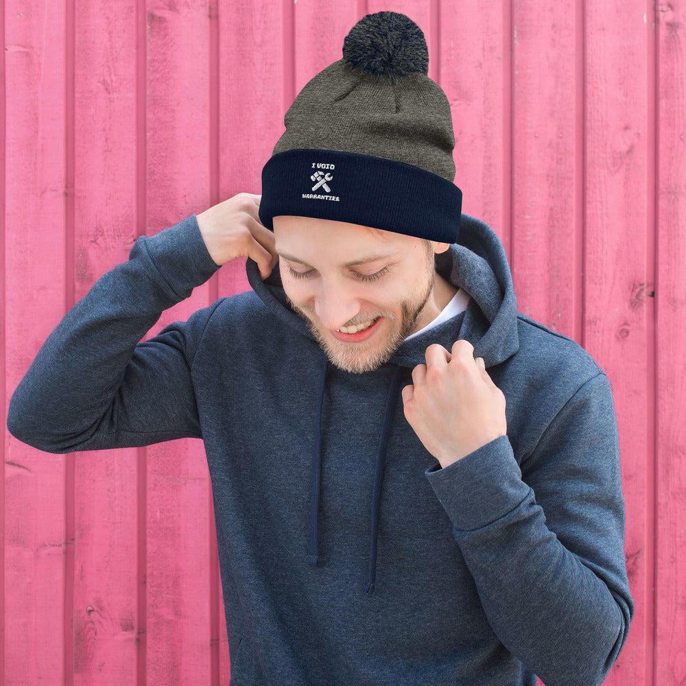 I void warranties - Pom-Pom Beanie (white text) by DarkByteGear
