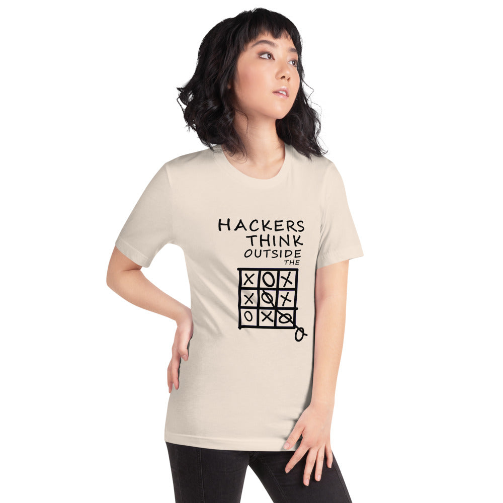 Hackers think outside the box - Short-Sleeve Unisex T-Shirt (black text) by DarkByteGear