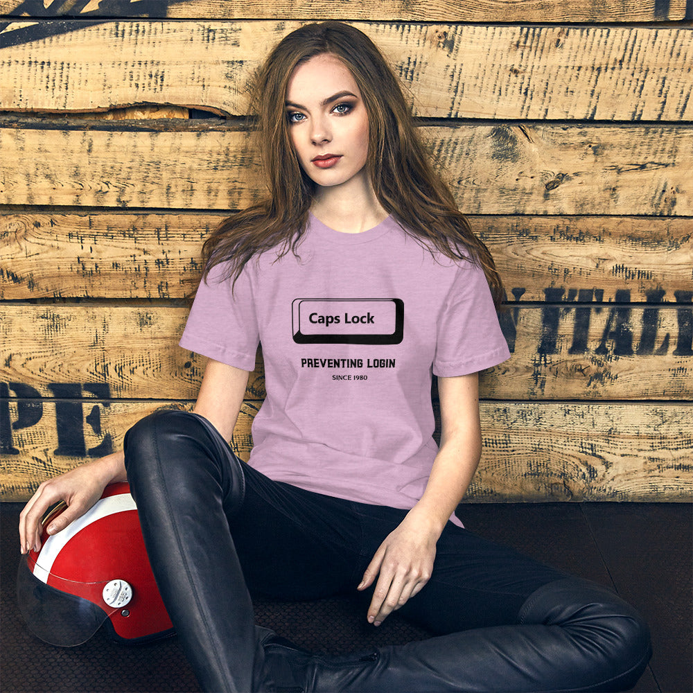 Caps Lock preventing login since 1980 - Short-Sleeve Unisex T-Shirt (black text) by DarkByteGear