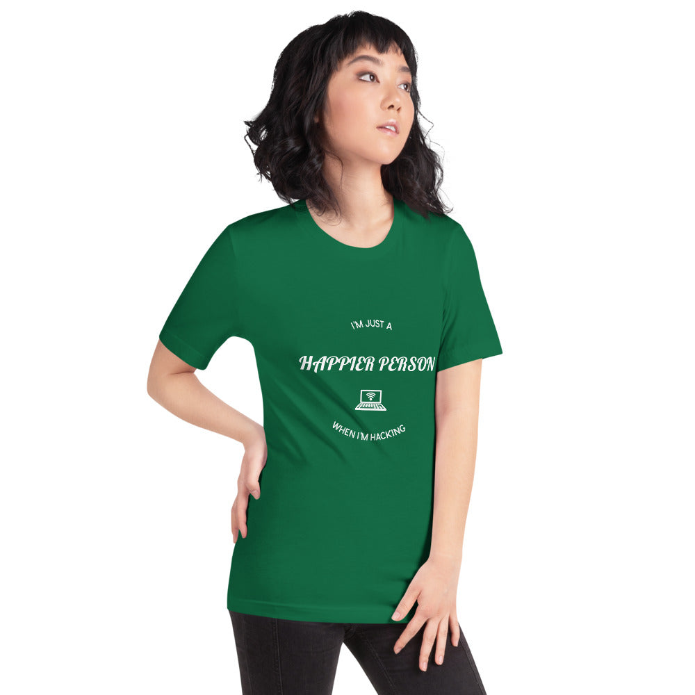 I'm a happier person when I'm hacking - Short-Sleeve Unisex T-Shirt (white text) by DarkByteGear
