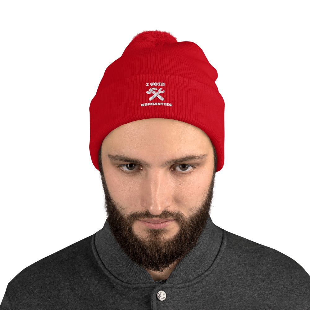 I void warranties - Pom-Pom Beanie (white text) by DarkByteGear