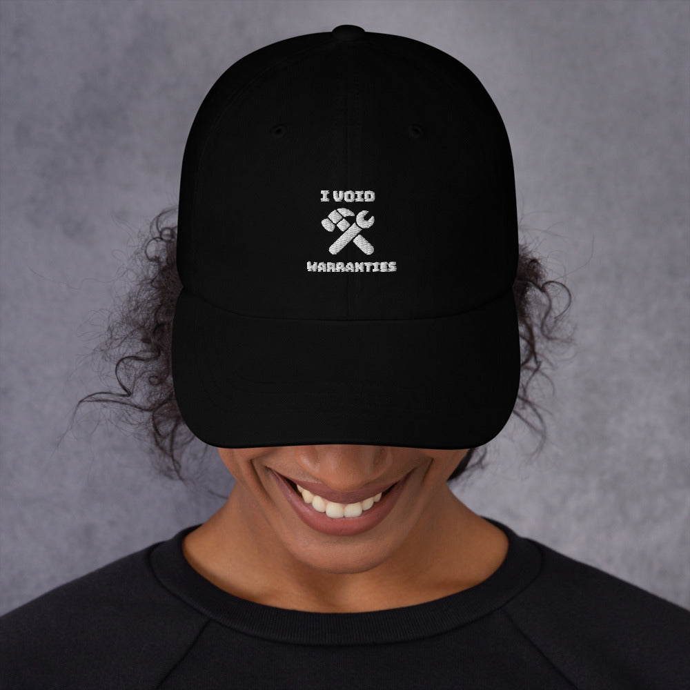 I void warranties - Dad hat (white text) by DarkByteGear