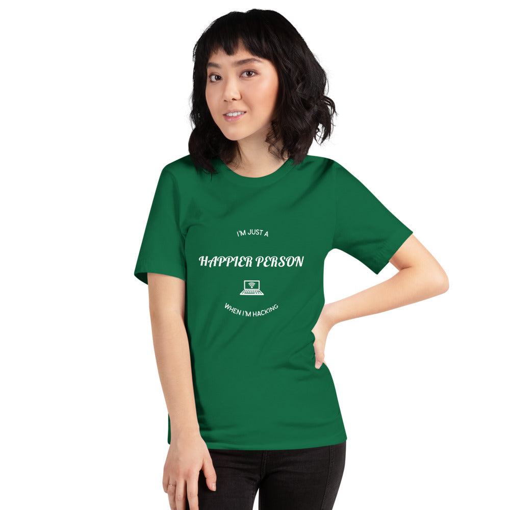 I'm a happier person when I'm hacking - Short-Sleeve Unisex T-Shirt (white text) by DarkByteGear