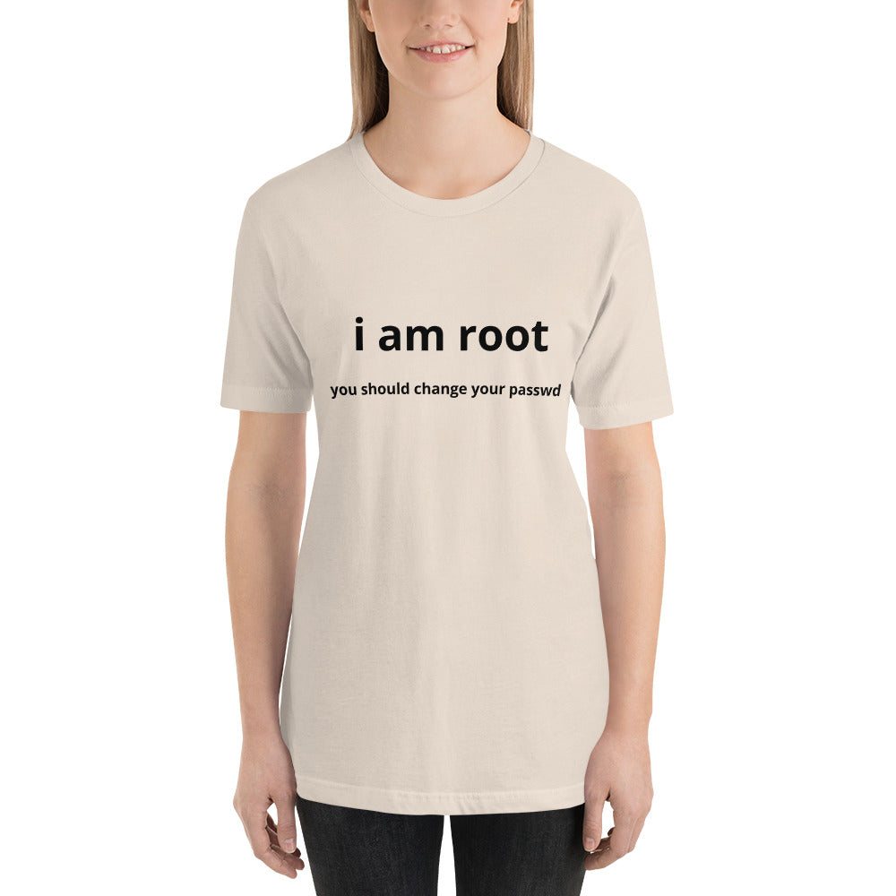 i am root - Short-Sleeve Unisex T-Shirt (black text) by DarkByteGear