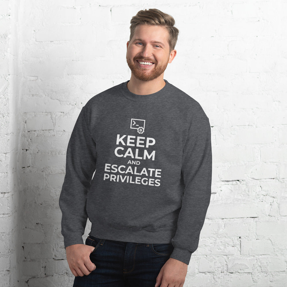 Keep calm and escalate privileges - Unisex Sweatshirt (white text) by DarkByteGear