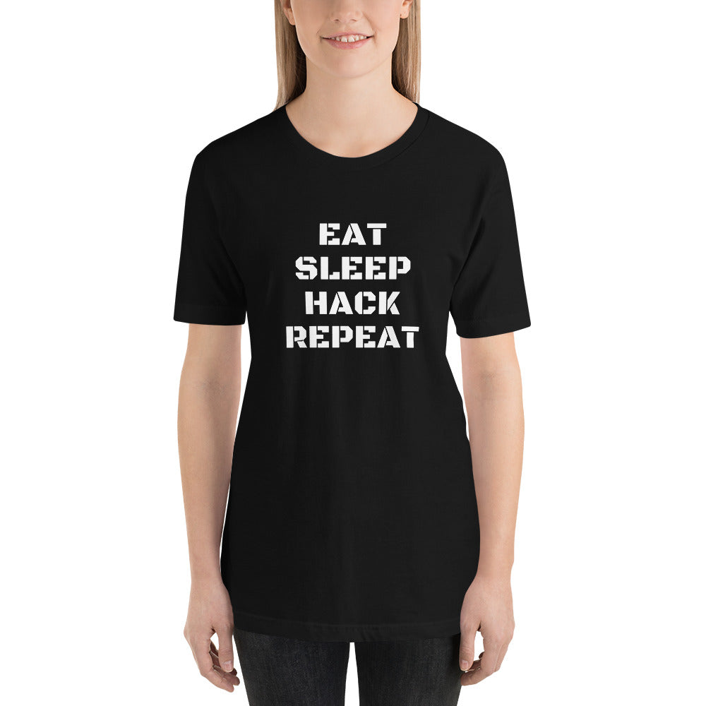 EAT SLEEP HACK REPEAT - Short-Sleeve Unisex T-Shirt (white text) by DarkByteGear