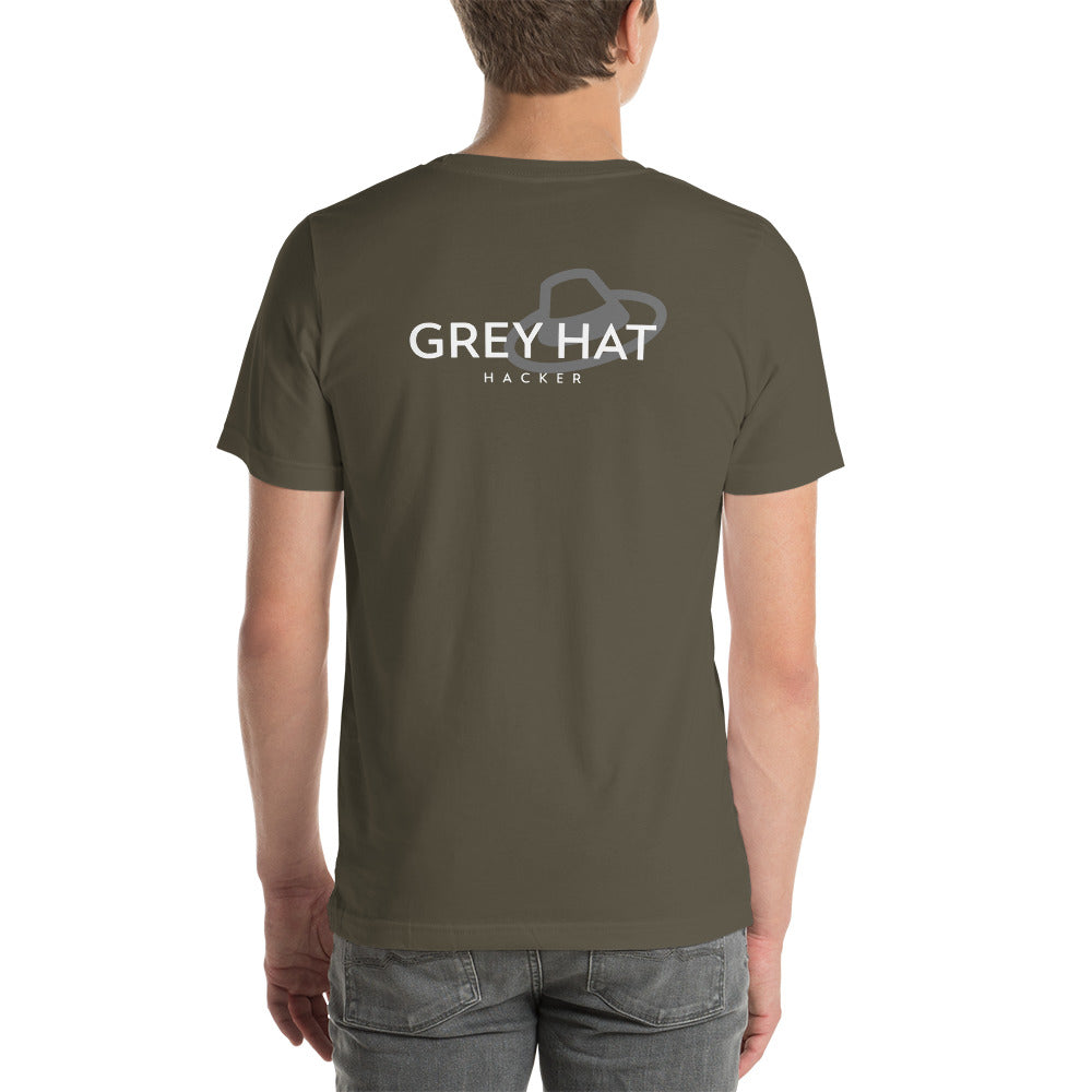 Grey Hat Hacker - Short-Sleeve Unisex T-Shirt (back print) by DarkByteGear