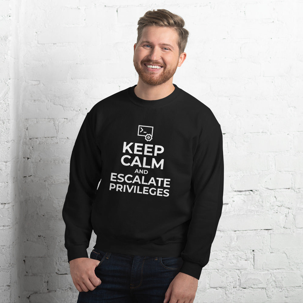 Keep calm and escalate privileges - Unisex Sweatshirt (white text) by DarkByteGear