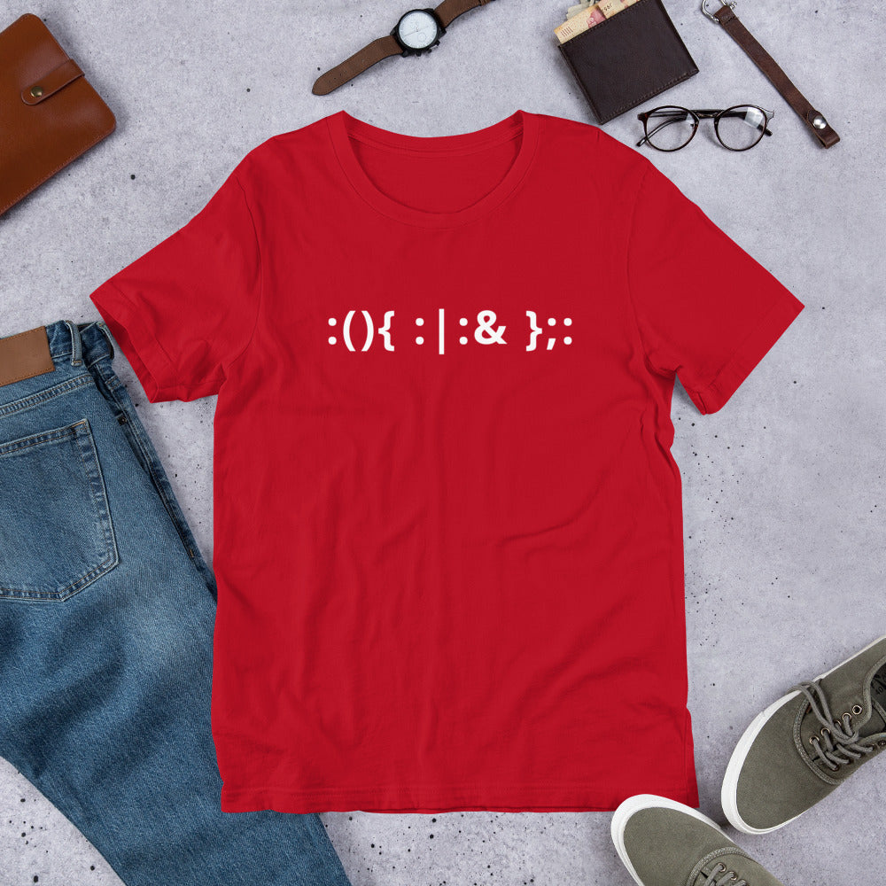 Linux Hackers - Bash Fork Bomb - White Text - Short-Sleeve Unisex T-Shirt by DarkByteGear