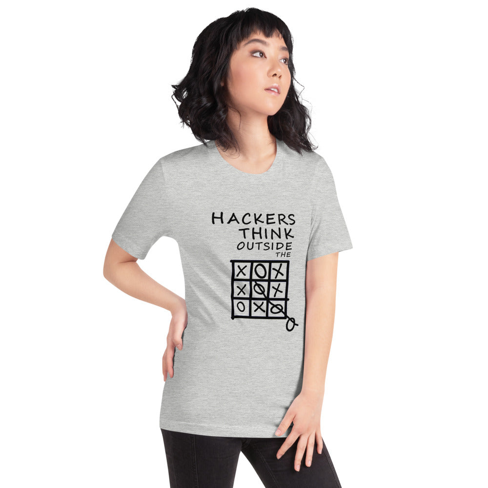 Hackers think outside the box - Short-Sleeve Unisex T-Shirt (black text) by DarkByteGear