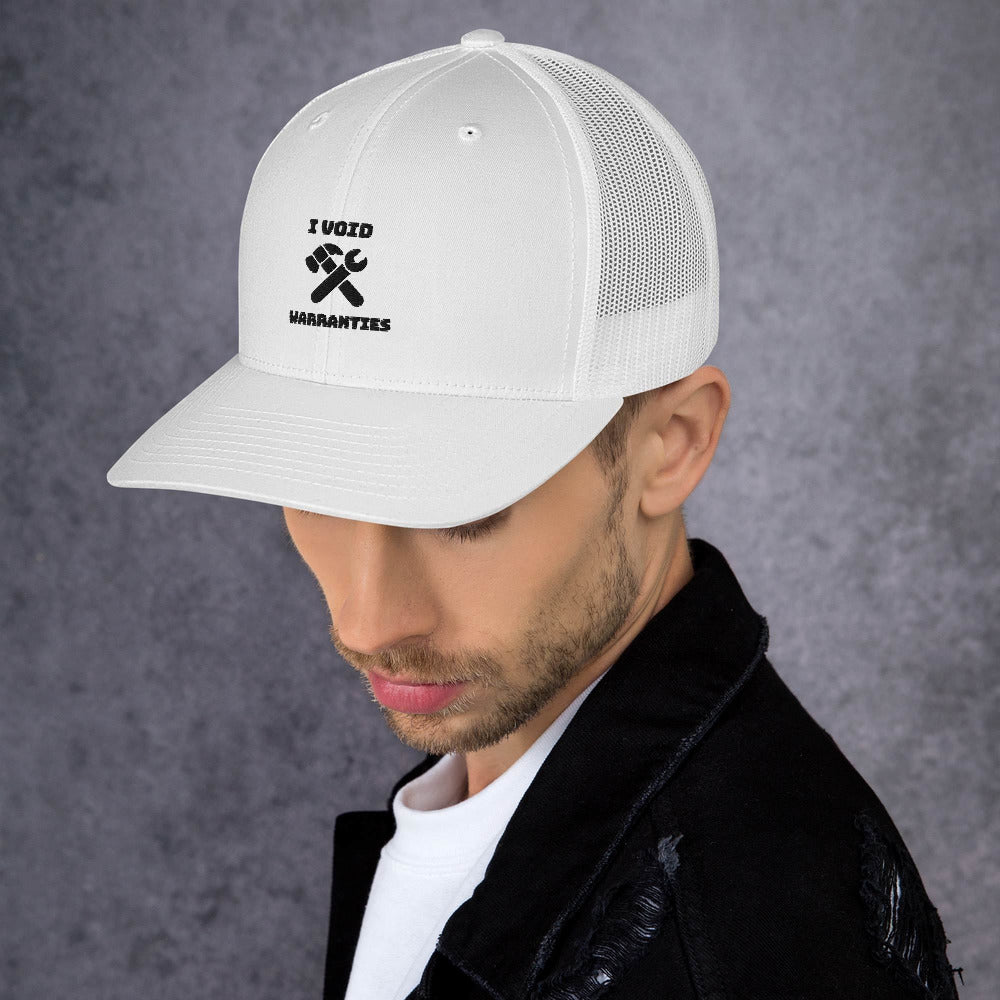 I void warranties - Trucker Cap (black text) by DarkByteGear