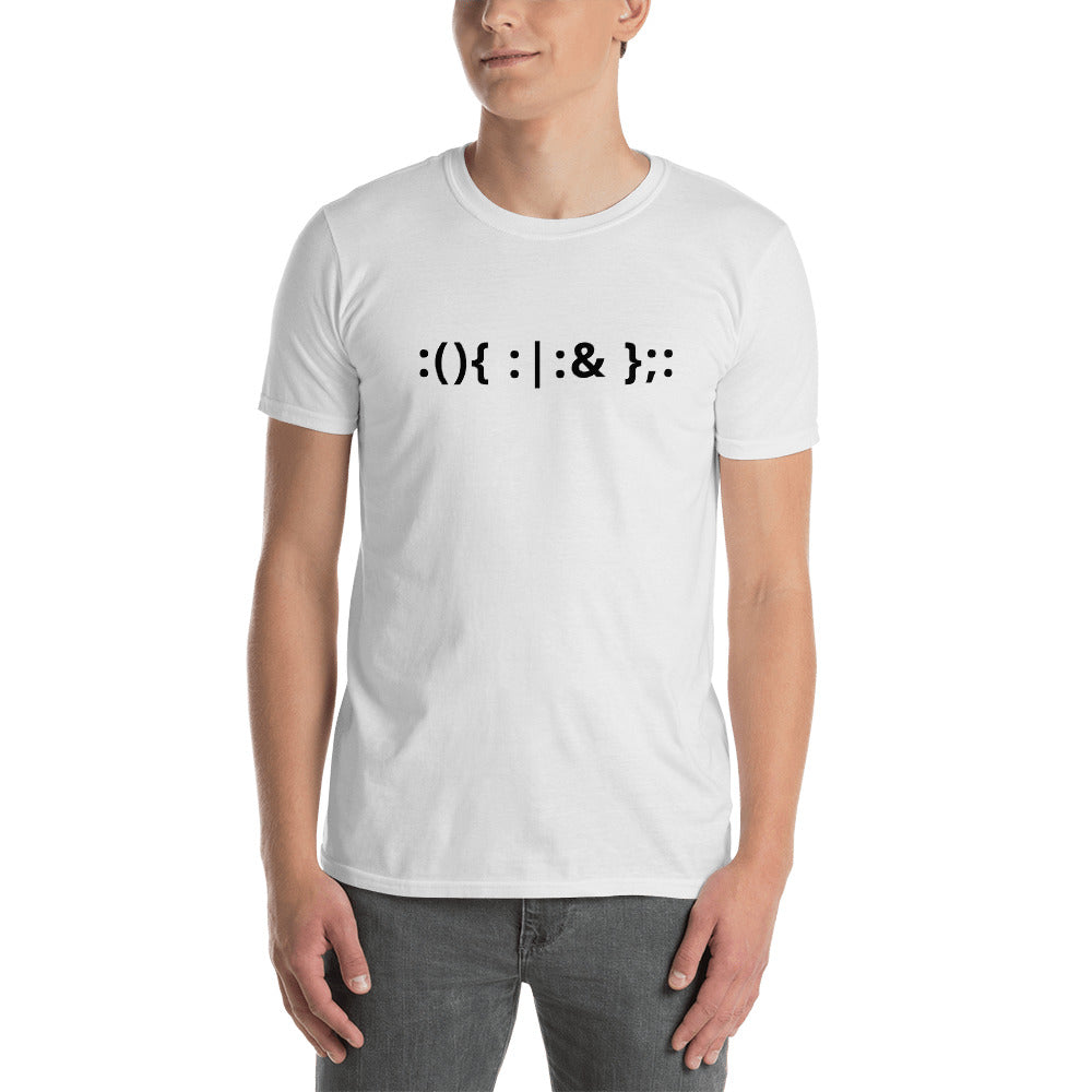 Linux Hackers - Bash Fork Bomb - Black Text Short-Sleeve Unisex T-Shirt by DarkByteGear
