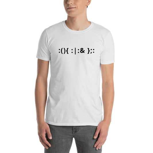 Linux Hackers - Bash Fork Bomb - Black Text Short-Sleeve Unisex T-Shirt by DarkByteGear