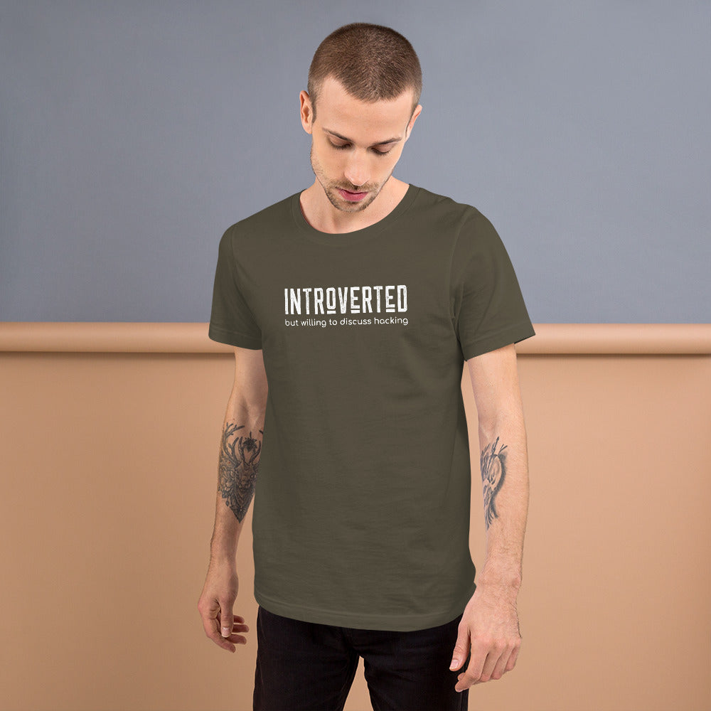 Introverted but willing to discuss hacking - Short-Sleeve Unisex T-Shirt (white text) by DarkByteGear