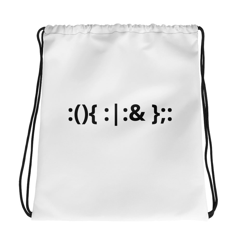 Linux Hackers - Bash Fork Bomb - Black text Drawstring bag by DarkByteGear