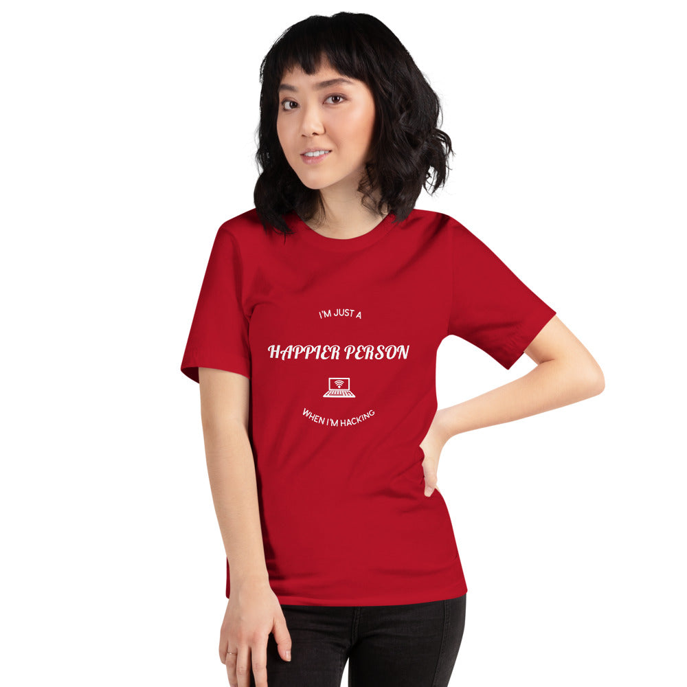 I'm a happier person when I'm hacking - Short-Sleeve Unisex T-Shirt (white text) by DarkByteGear