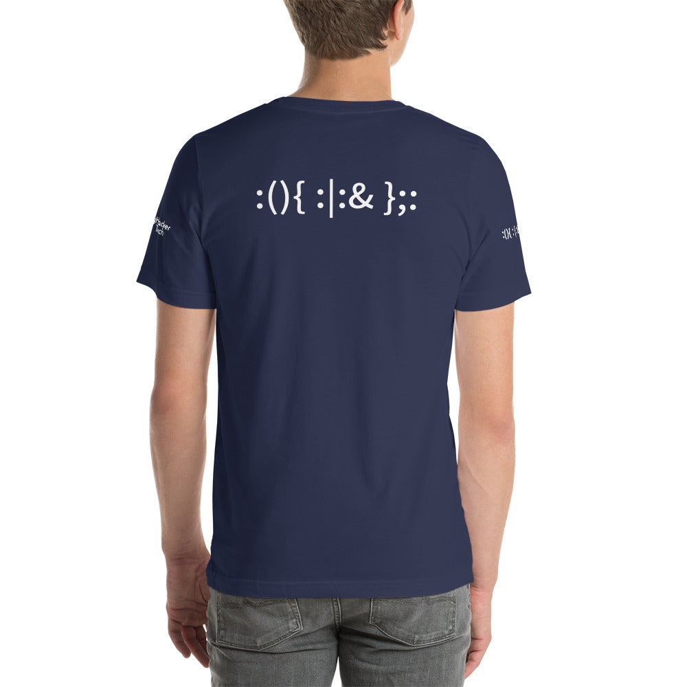 Linux Hackers - Bash Fork Bomb - White Text Short-Sleeve Unisex T-Shirt ( with all sides design) by DarkByteGear