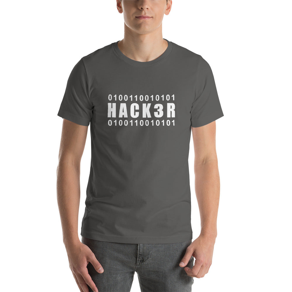 0100110010101 Hack3r Short-Sleeve Unisex T-Shirt (white text) by DarkByteGear