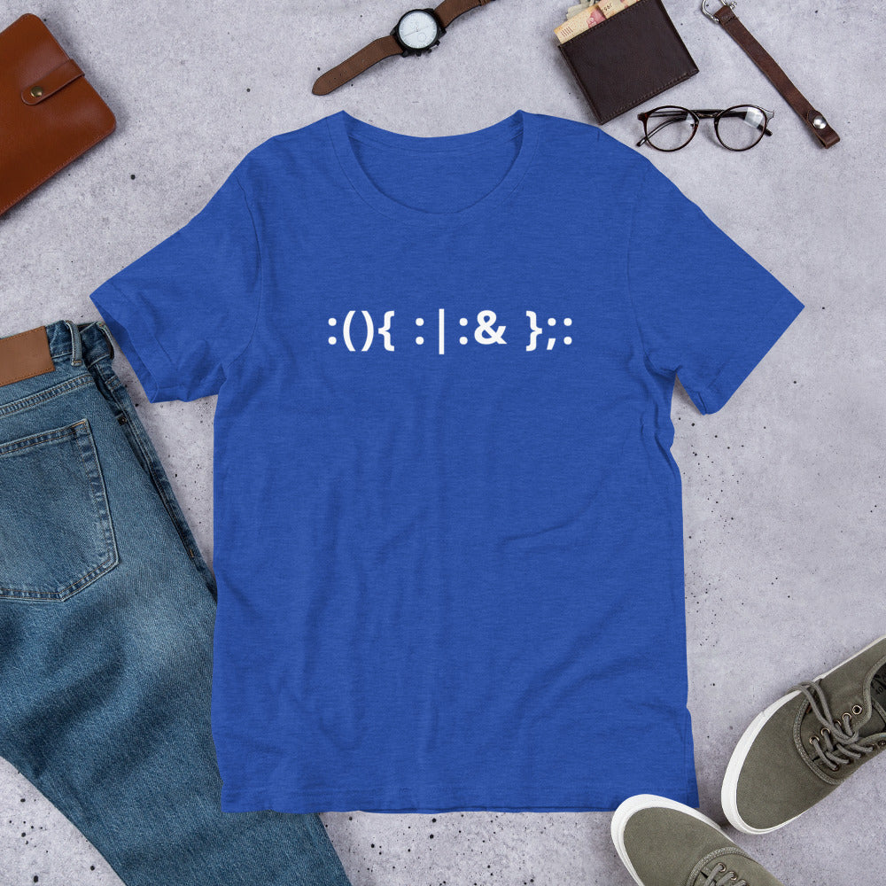 Linux Hackers - Bash Fork Bomb - White Text - Short-Sleeve Unisex T-Shirt by DarkByteGear