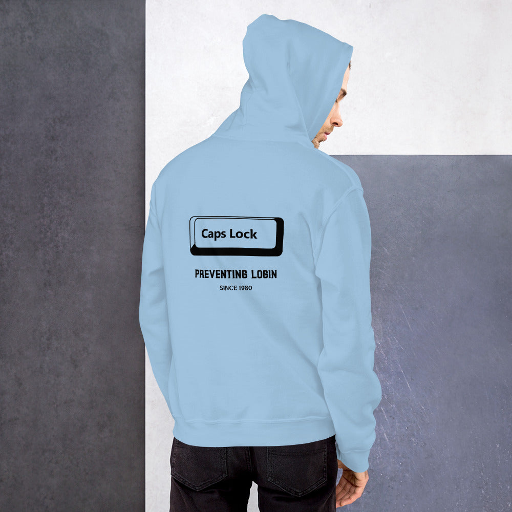 Caps Lock preventing login since 1980 - Unisex Hoodie (black text) by DarkByteGear