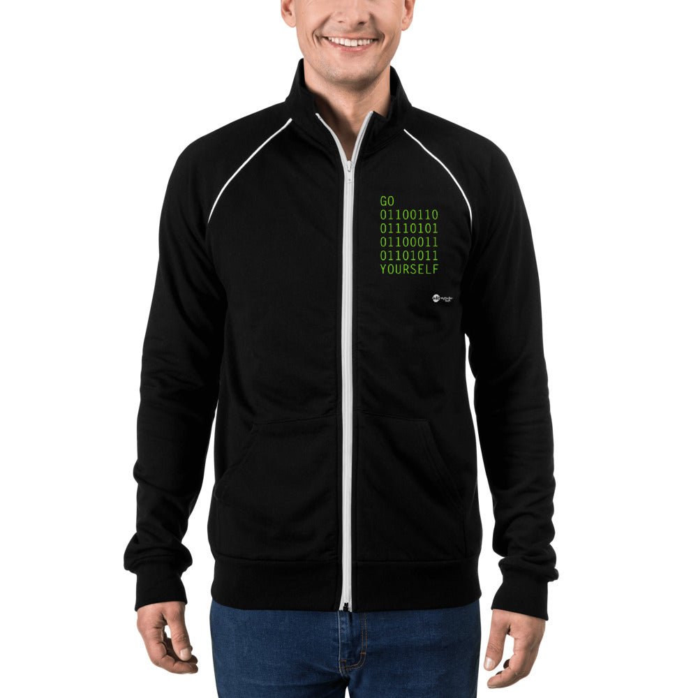 GO 01100110 01110101 01100011 01101011 YOURSELF - Piped Fleece Jacket by DarkByteGear