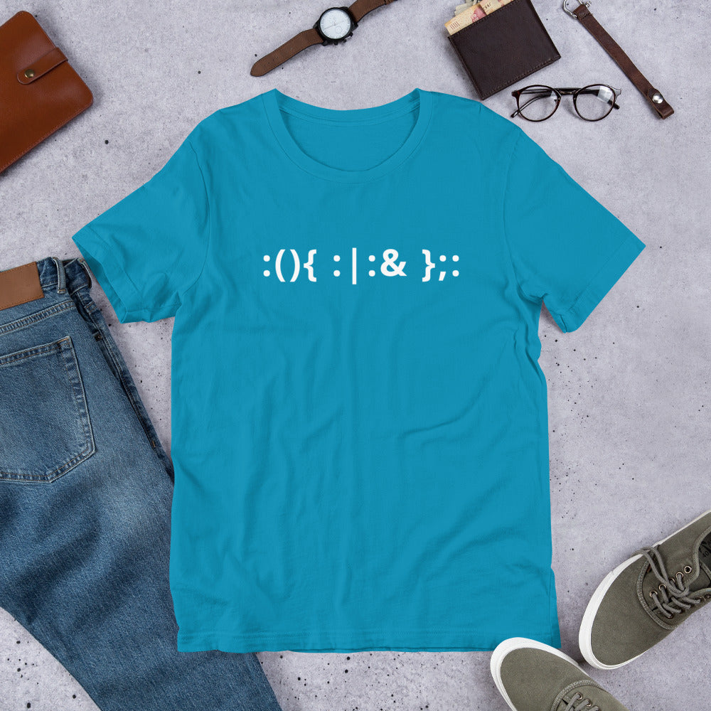 Linux Hackers - Bash Fork Bomb - White Text - Short-Sleeve Unisex T-Shirt by DarkByteGear