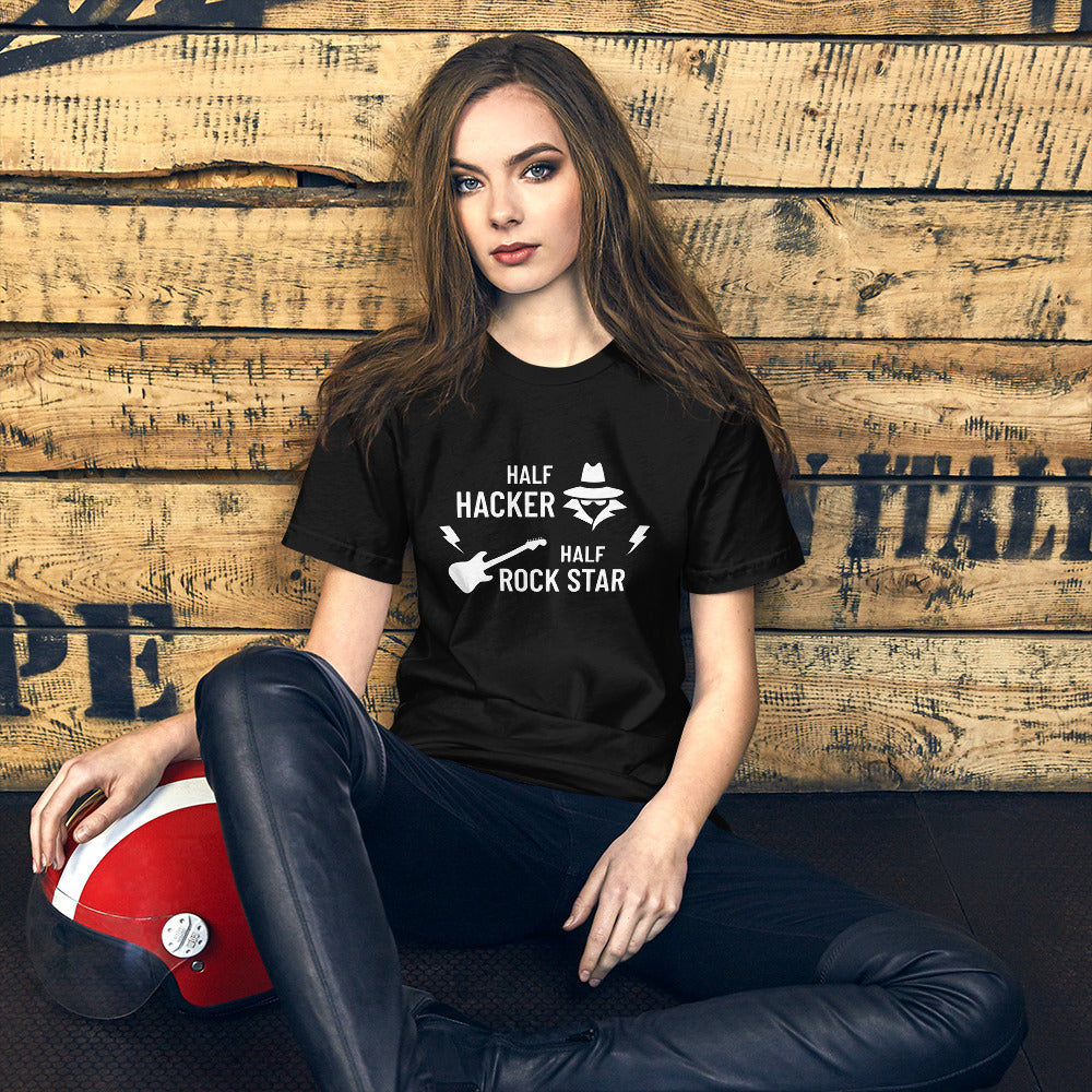 Half Hacker Half Rock Star - Short-Sleeve Unisex T-Shirt (white text) by DarkByteGear