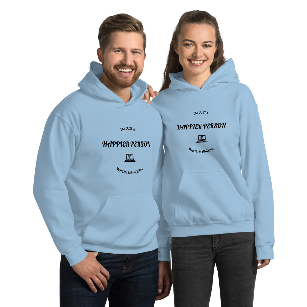 I'm a happier person when I'm hacking - Unisex Hoodie (black text) by DarkByteGear
