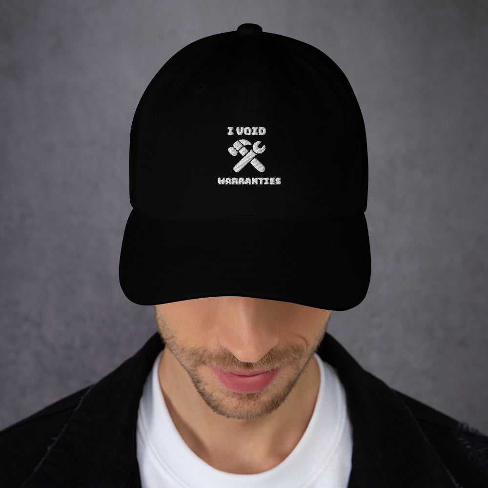 I void warranties - Dad hat (white text) by DarkByteGear
