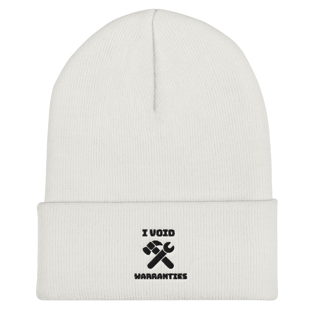 I void warranties - Cuffed Beanie (black text) by DarkByteGear