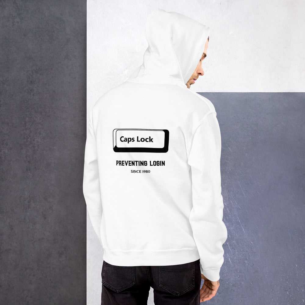 Caps Lock preventing login since 1980 - Unisex Hoodie (black text) by DarkByteGear