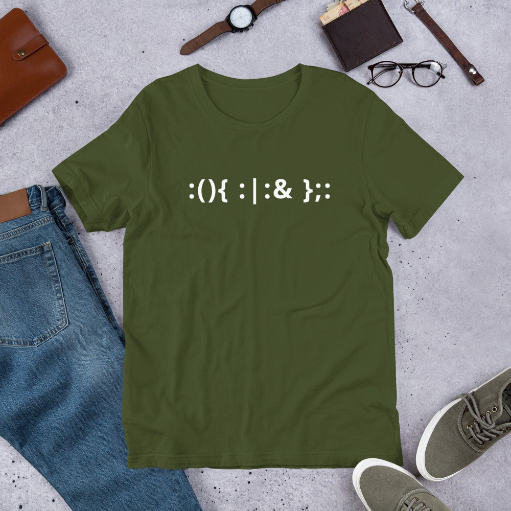 Linux Hackers - Bash Fork Bomb - White Text - Short-Sleeve Unisex T-Shirt by DarkByteGear