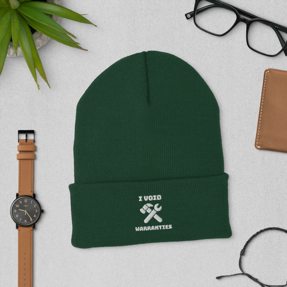 I void warranties - Cuffed Beanie (white text) by DarkByteGear