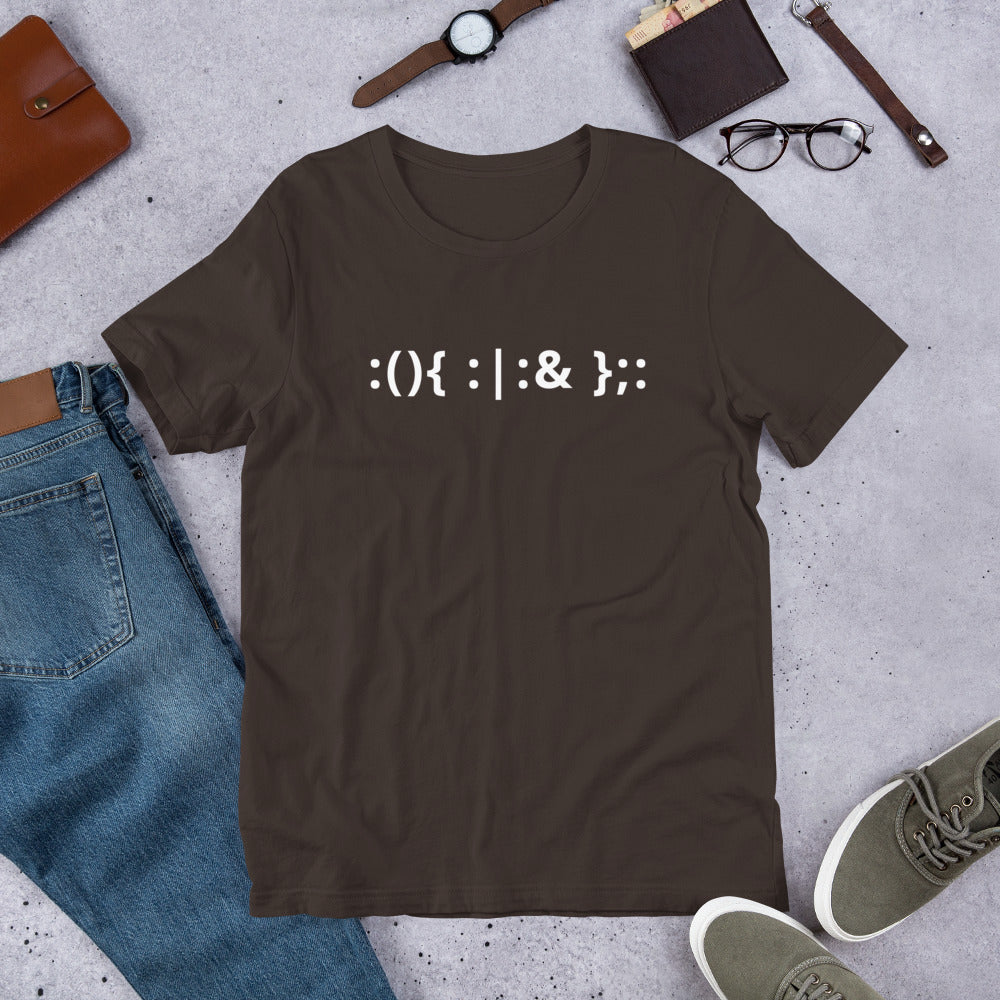 Linux Hackers - Bash Fork Bomb - White Text - Short-Sleeve Unisex T-Shirt by DarkByteGear