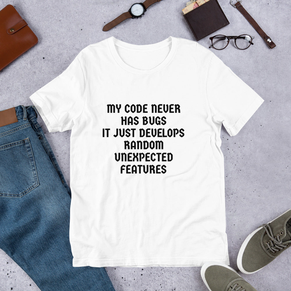 MY CODE NEVER HAS BUGS - Short-Sleeve Unisex T-Shirt (black text) by DarkByteGear