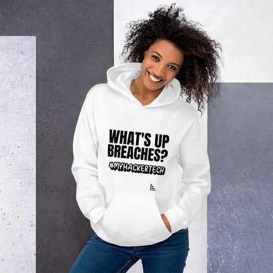 What's up breaches? - Unisex Hoodie (black text) by DarkByteGear