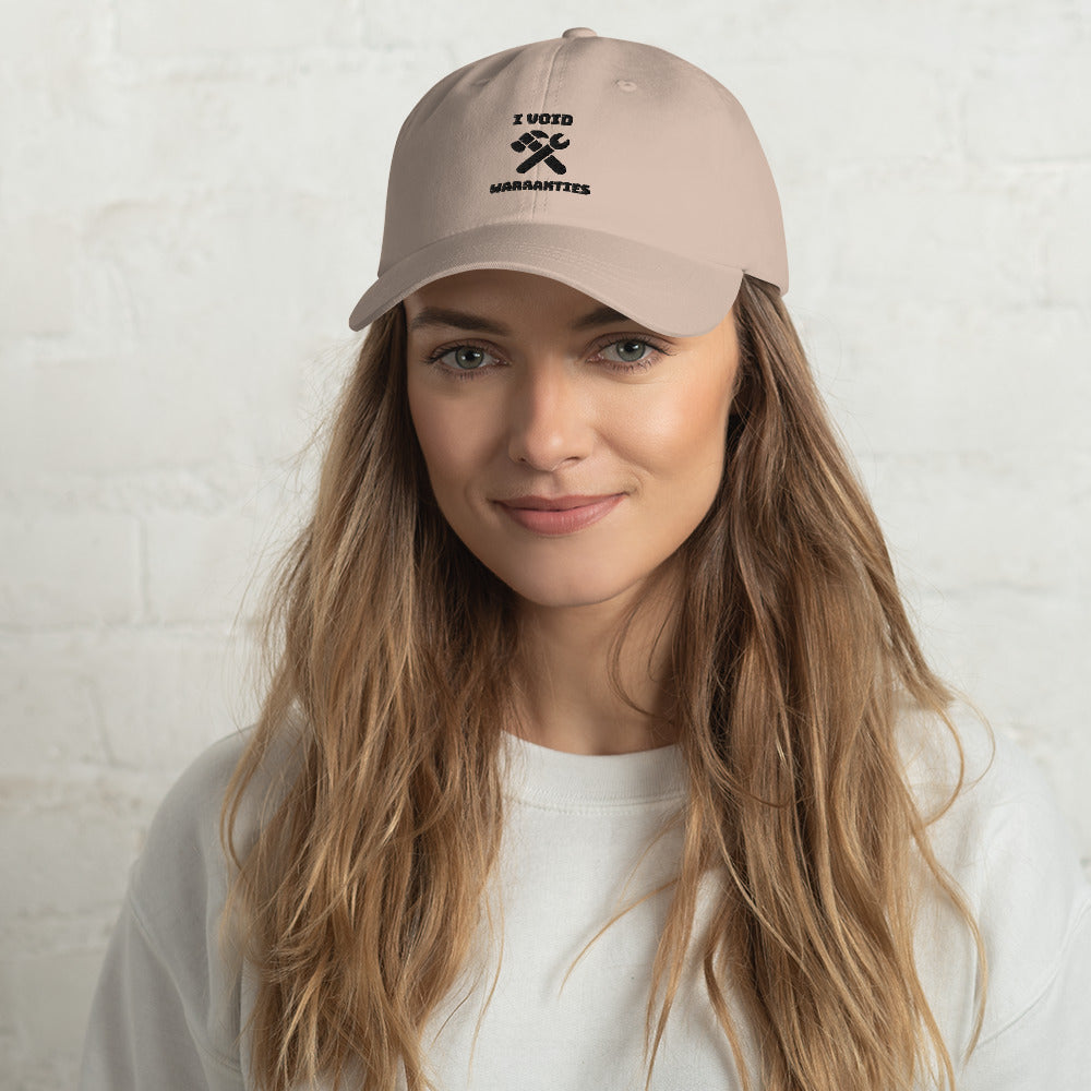 I void warranties - Dad hat (black text) by DarkByteGear