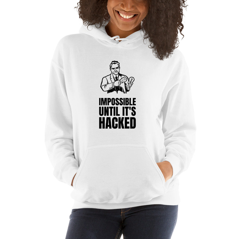 Impossible until it's hacked - Unisex Hoodie (black text) by DarkByteGear