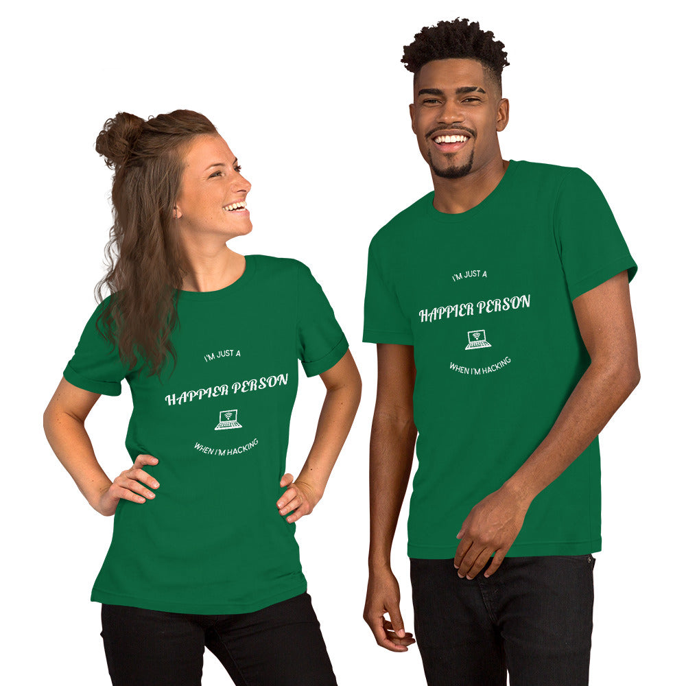 I'm a happier person when I'm hacking - Short-Sleeve Unisex T-Shirt (white text) by DarkByteGear