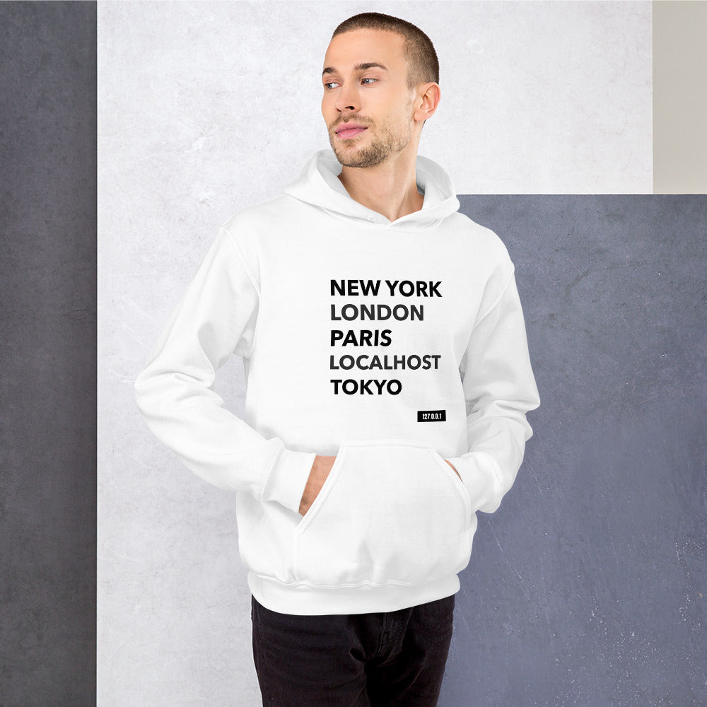 New York London Paris Localhost Tokyo 127.0.0.1 - Unisex Hoodie (black text) by DarkByteGear