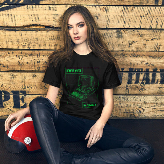 Home is where my terminal is - Short-Sleeve Unisex T-Shirt (green text) by DarkByteGear