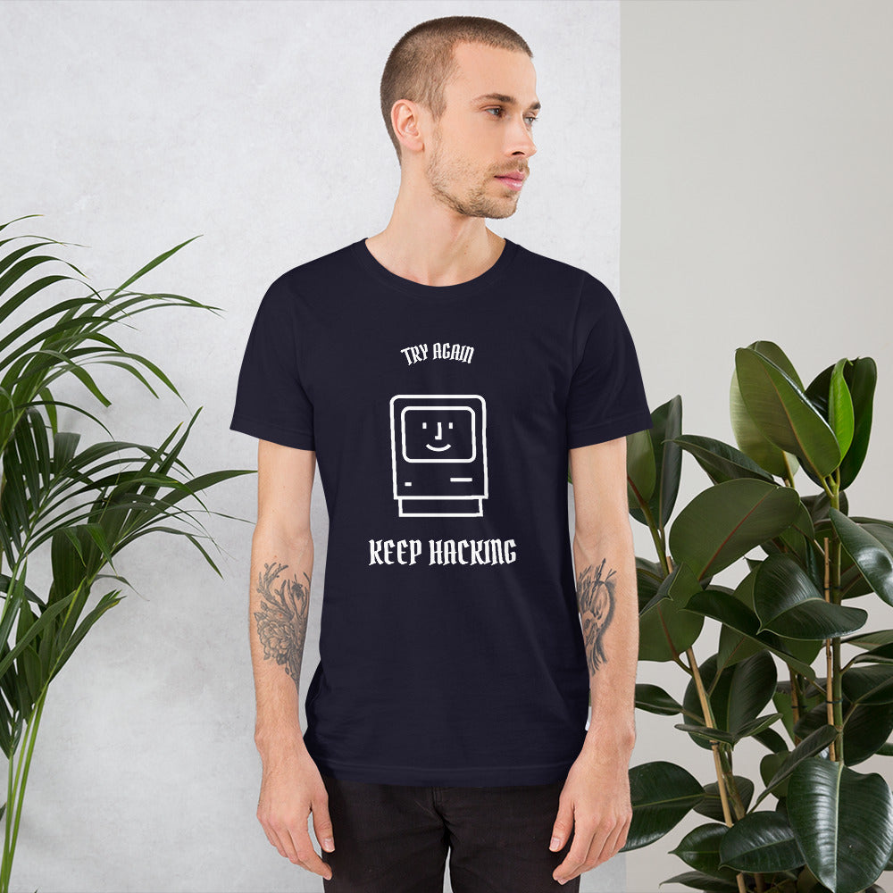 Keep hacking - Short-Sleeve Unisex T-Shirt (white text) by DarkByteGear